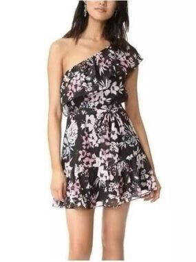 Yumi Kim One Shoulder Floral Cocktail Dress – Black Ruffle Mini, Flouncy Hem